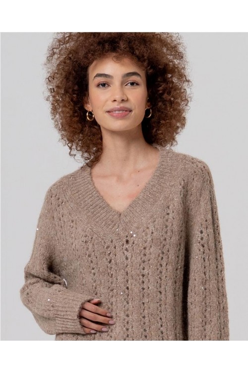 Jersey escote picoc con lentej CAMEL